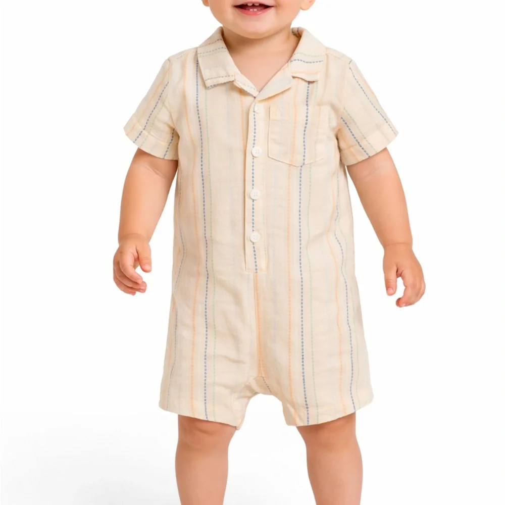 Old Navy peach embroidered texture striped Dobby pocket baby romper size 12-18M